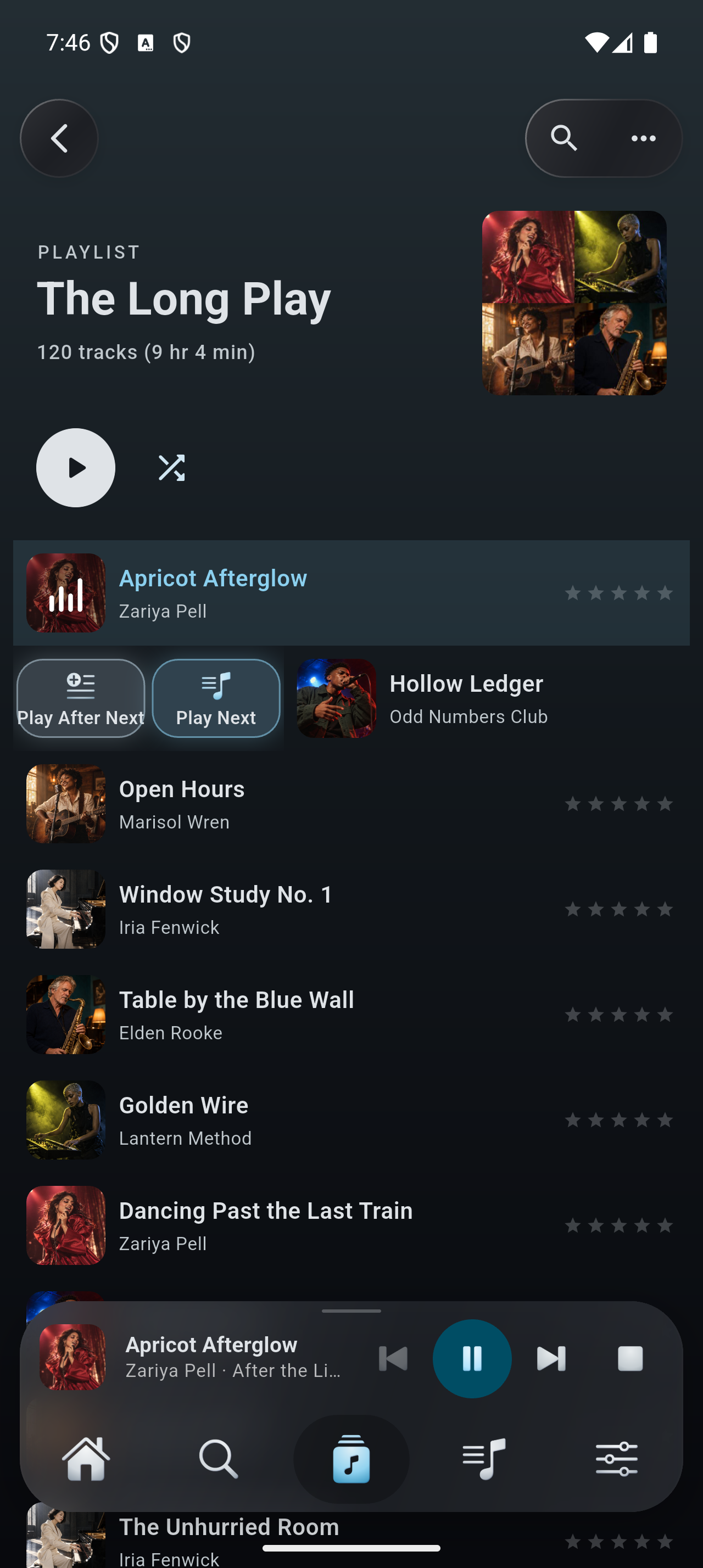Flex - Music Player on a Pixel phone with the swipe pane open on a playlist