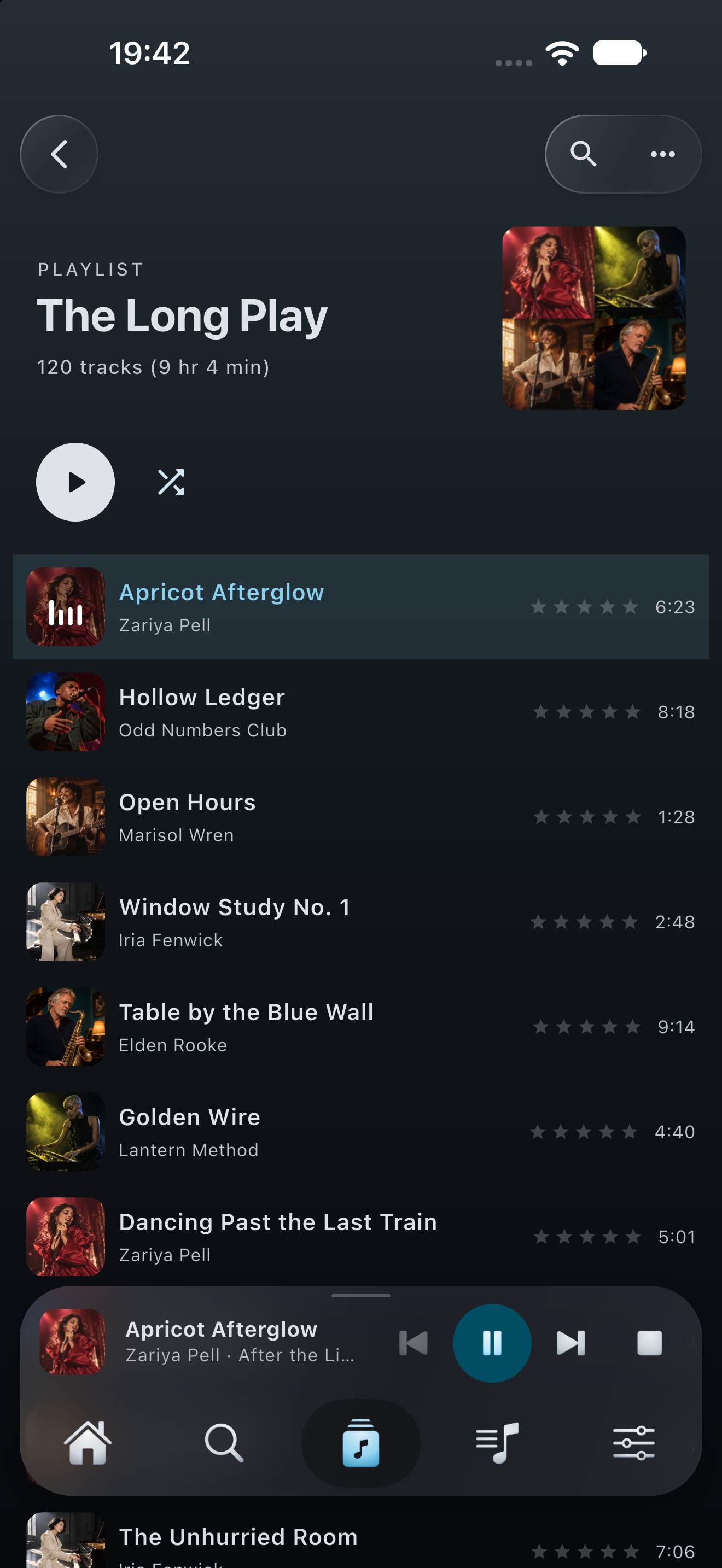 Flex 2.0 preview: a fictional playlist with the mini player and navigation dock