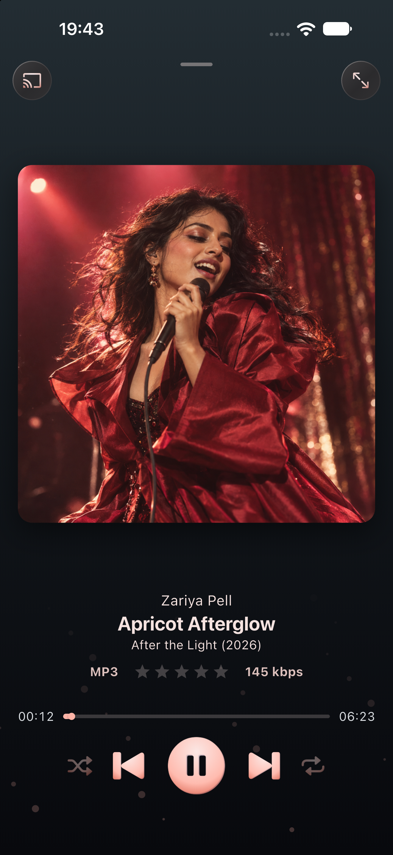 Flex 2.0 preview: Now Playing with generated artist Zariya Pell and fictional album artwork
