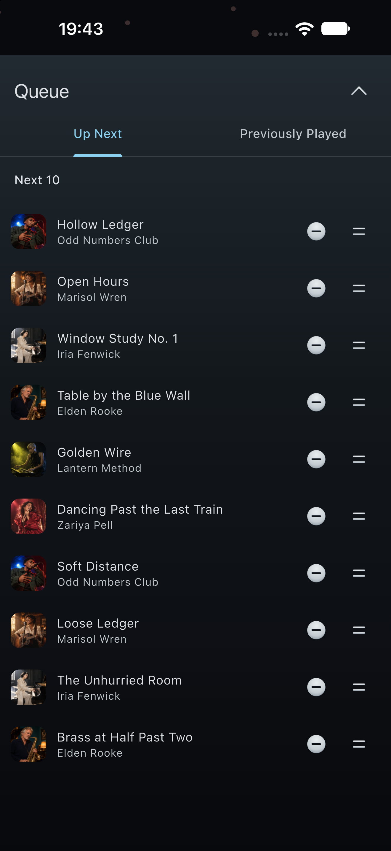 Flex 2.0 preview: the Up Next queue with fictional tracks