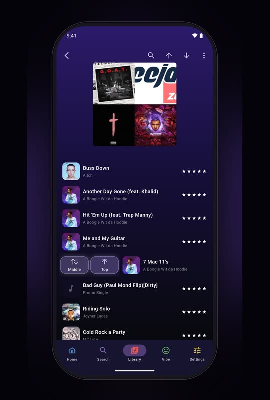 Flex - Music Player on a Pixel phone with the swipe pane open on a playlist