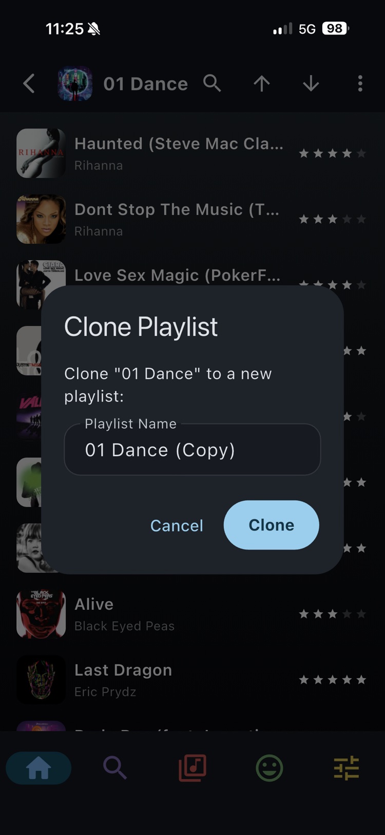 Flex Music clone playlist dialog