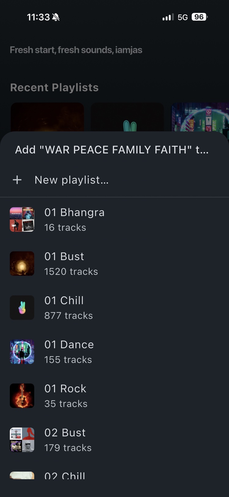 Flex Music add-to-playlist sheet for an album with a new playlist option