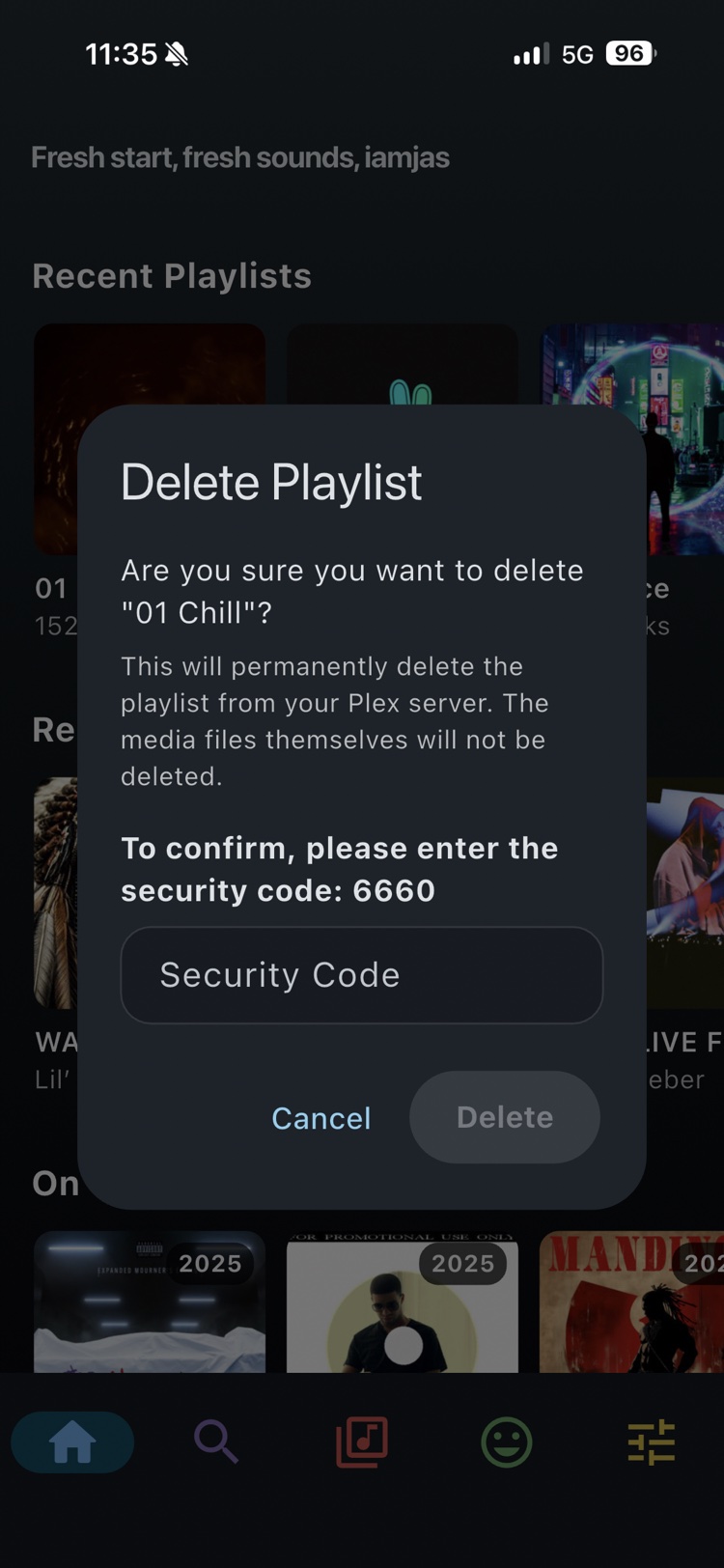 Flex Music delete playlist dialog asking for a security code