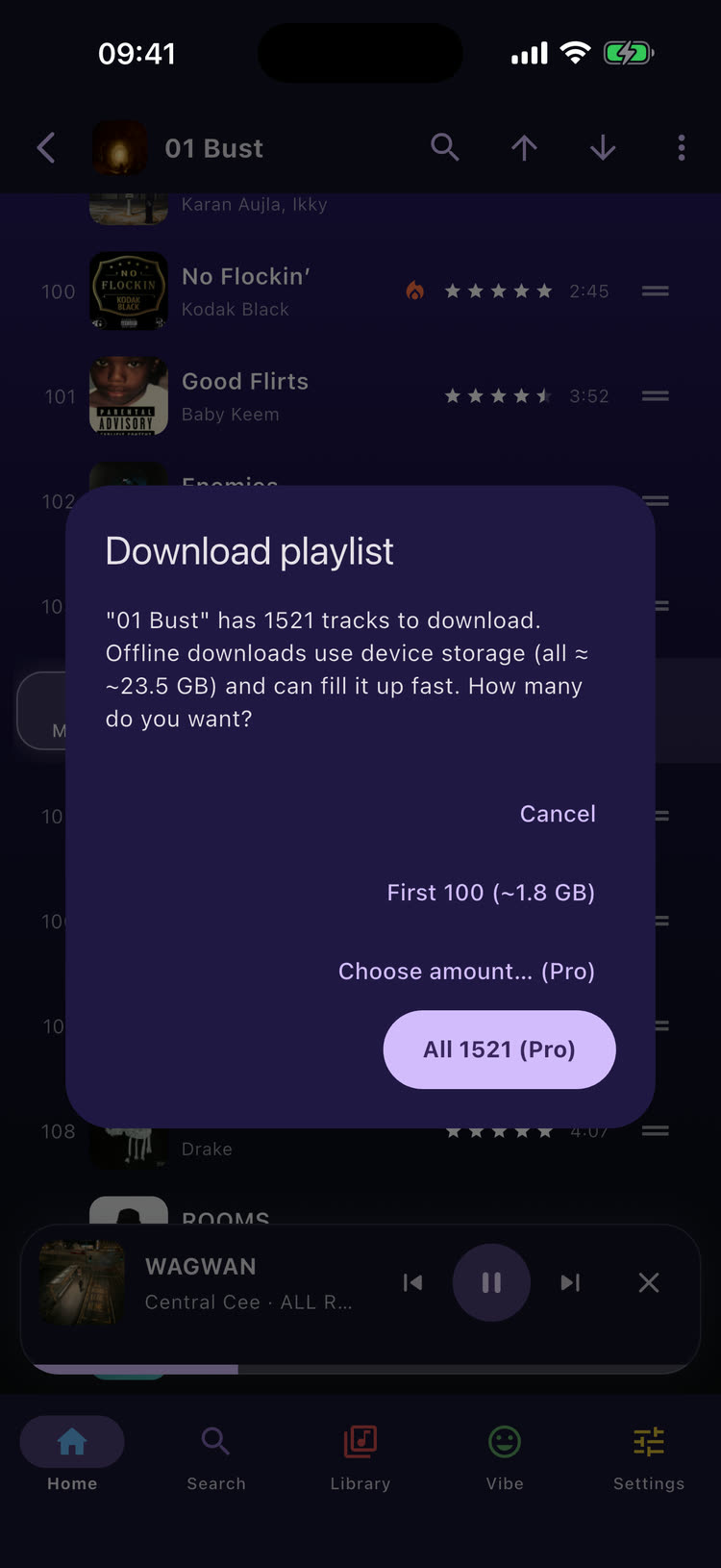 Flex - Music Player download dialog offering the first 100 tracks free, with an exact count and the full playlist marked as Pro