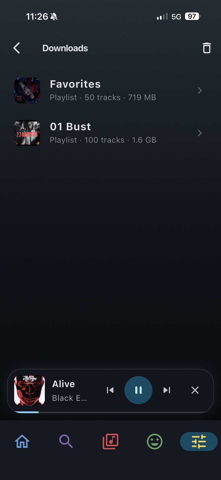 Flex Music downloads page with offline tracks