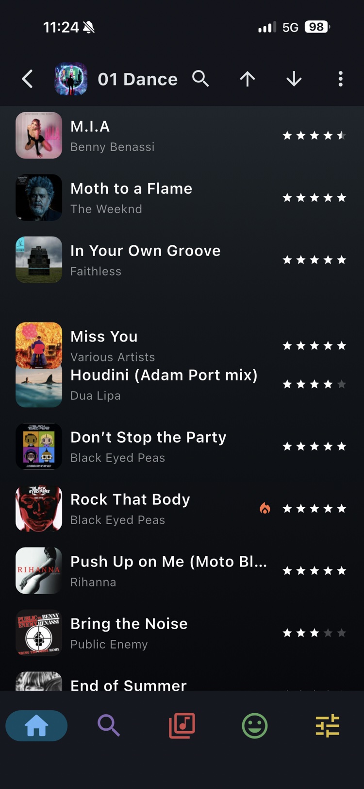 Flex Music playlist in edit mode with a track being dragged to a new position