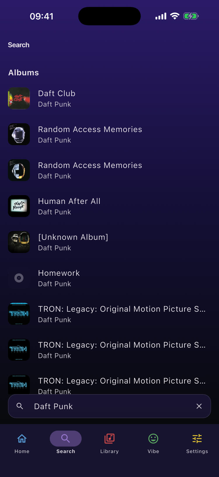 Flex - Music Player global search showing album results for Daft Punk