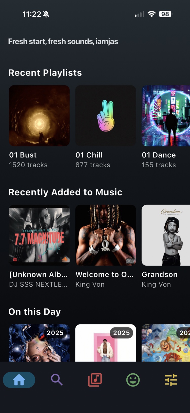 Flex Music home screen with recent playlists and recently added music
