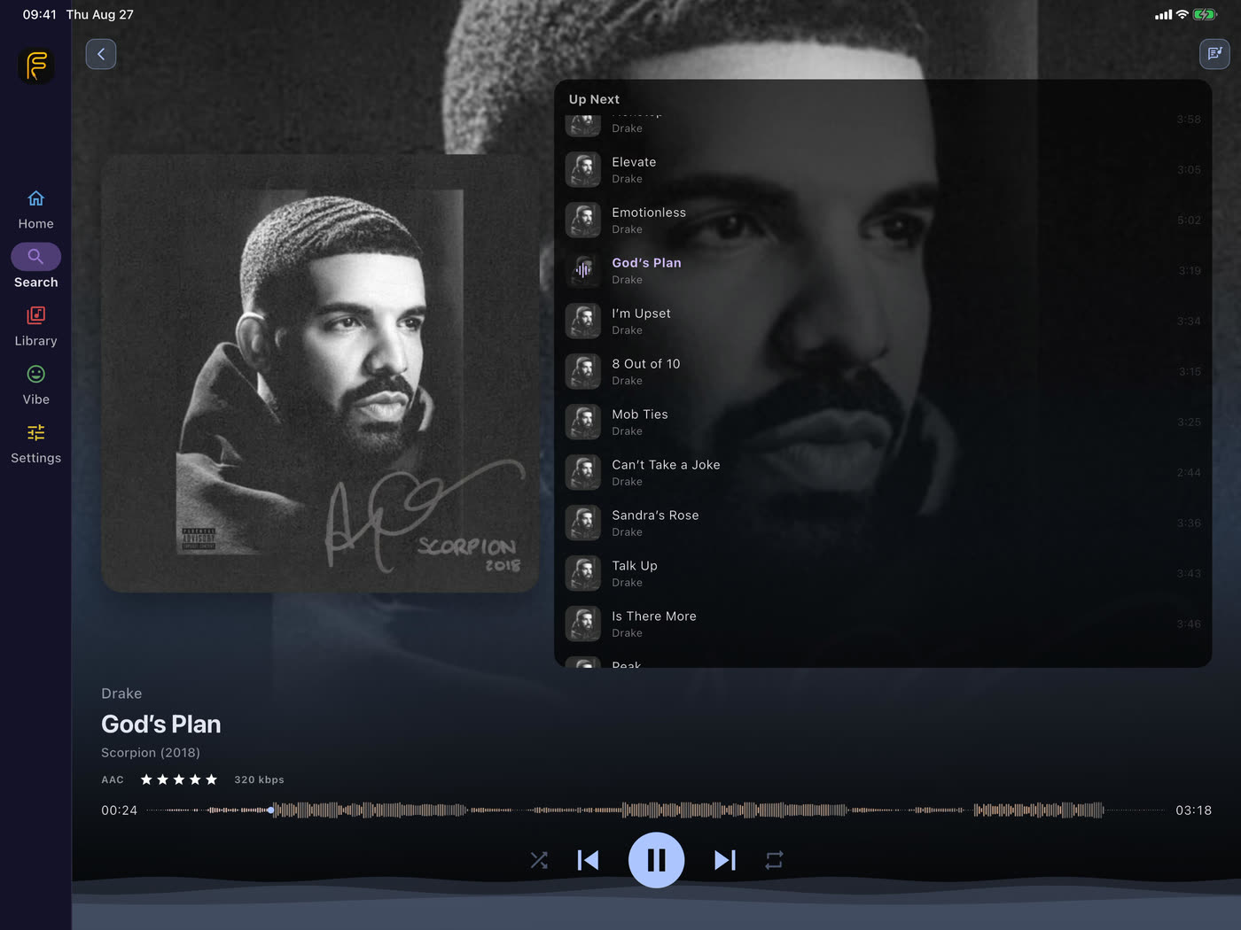 Flex - Music Player on iPad with album artwork beside the Up Next queue