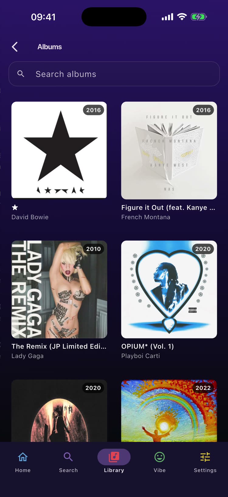 Flex - Music Player library showing an album grid with cover artwork