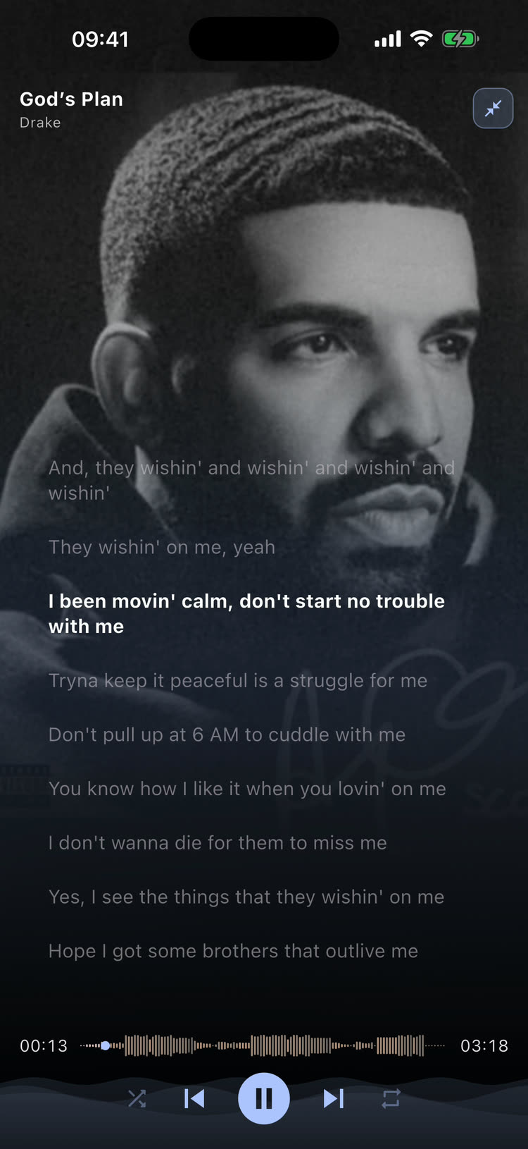Flex - Music Player full-screen synced lyrics over album artwork, with the current line highlighted