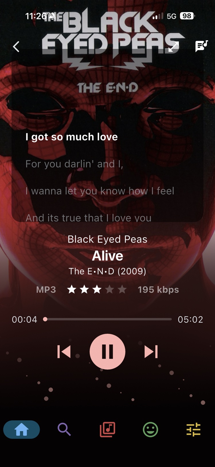 Flex Music full-screen player with artwork and controls