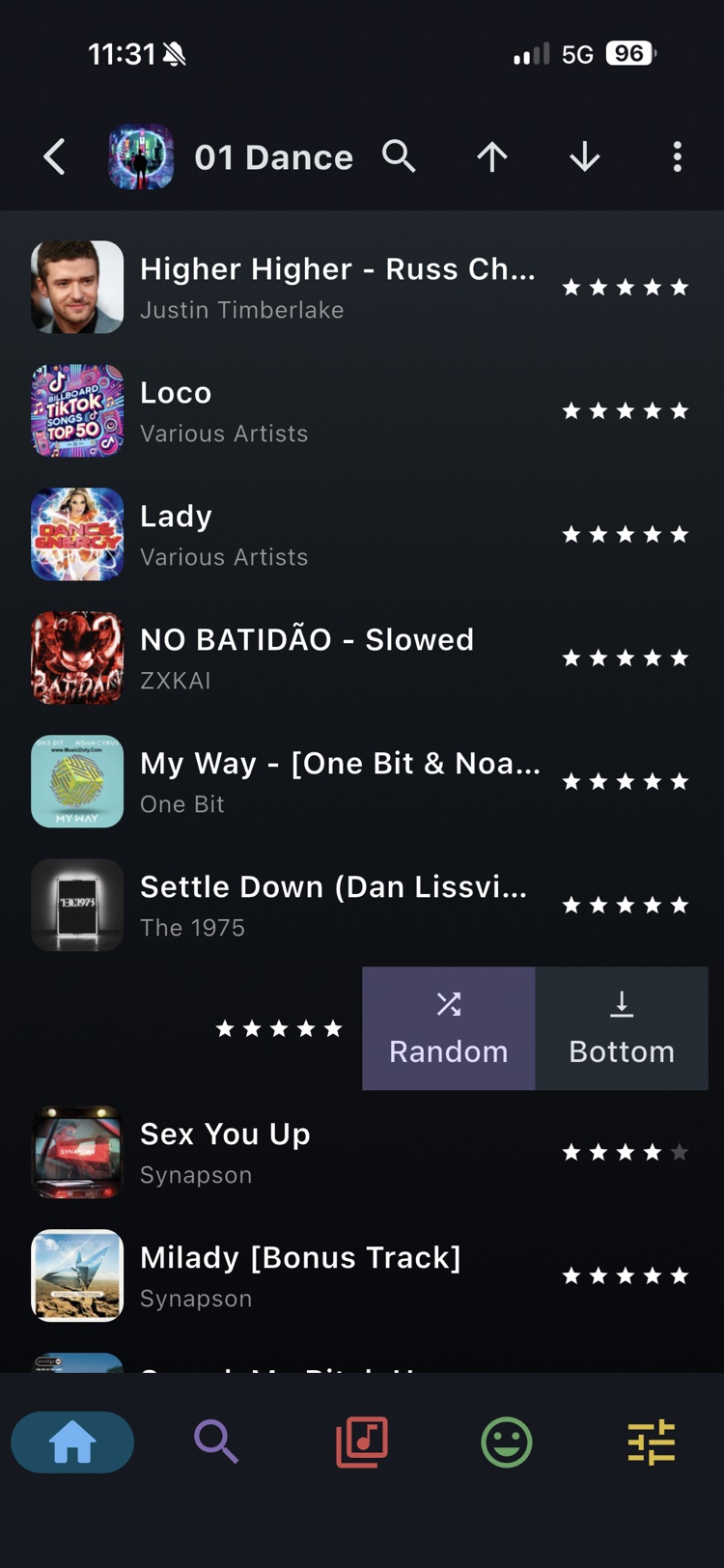 Flex Music swipe actions revealing move-to-position options on a track