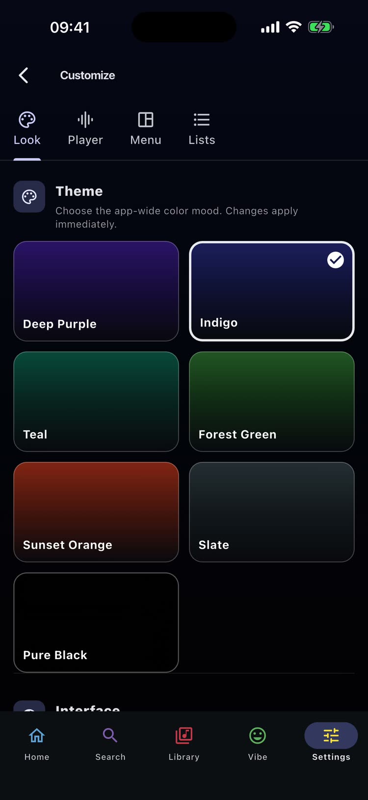 Flex - Music Player theme picker with seven colour swatches