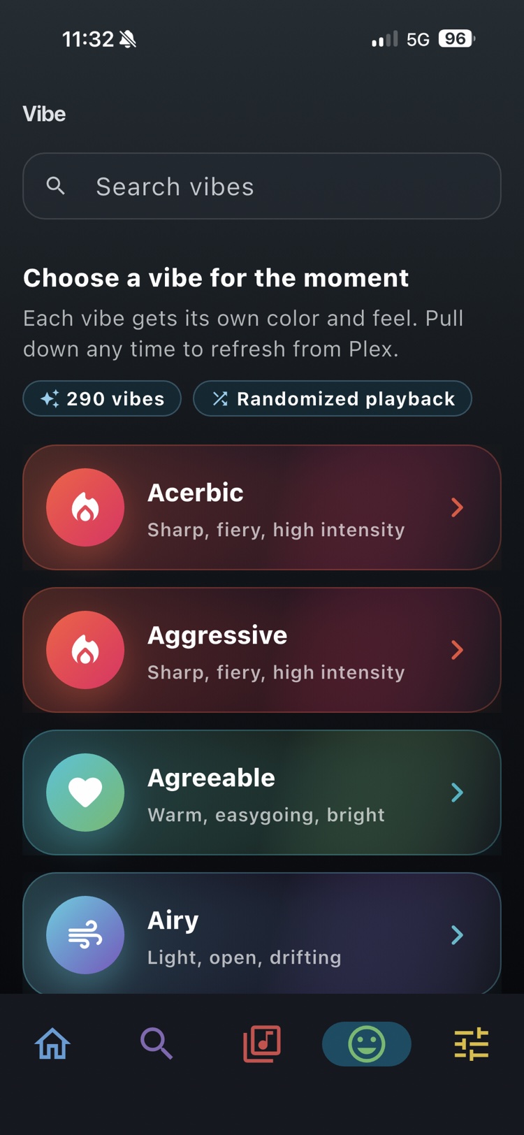 Flex Music Vibe screen with colourful mood cards