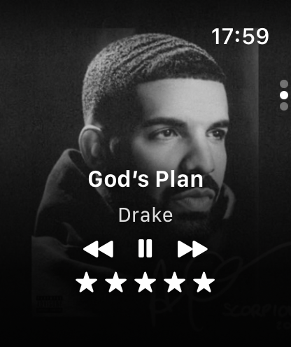Flex - Music Player on Apple Watch showing Now Playing with transport controls and a star rating